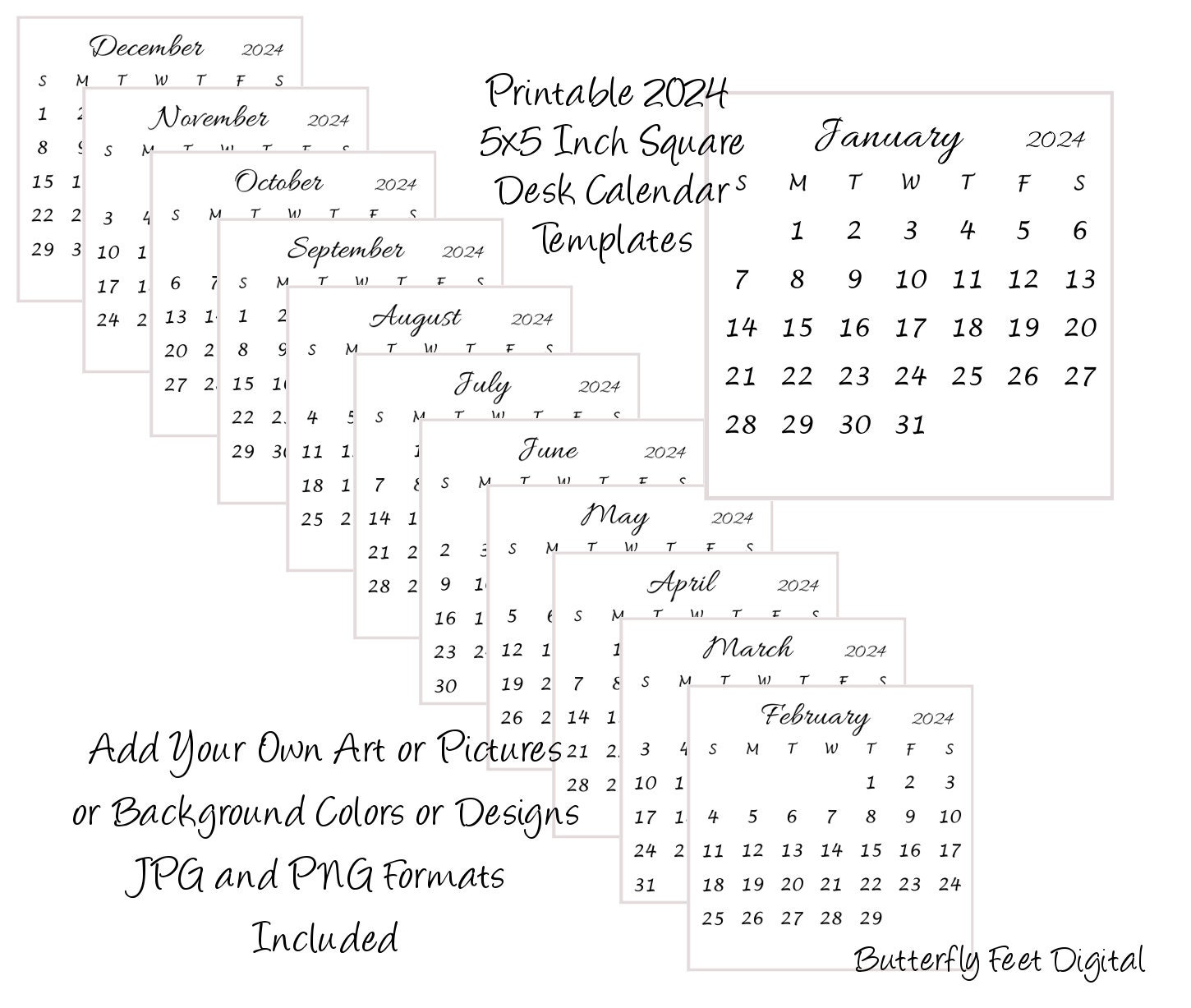 Calendrier à imprimer 2024, mini calendrier de bureau carré, 5 x 5 pouces,  motifs floraux en téléchargement numérique