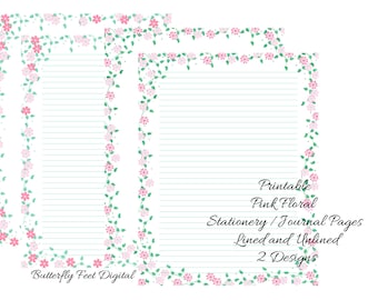 Printable Journal Pages Stationery Lined Writing Paper and Unlined Pink Floral Borders Digital Download