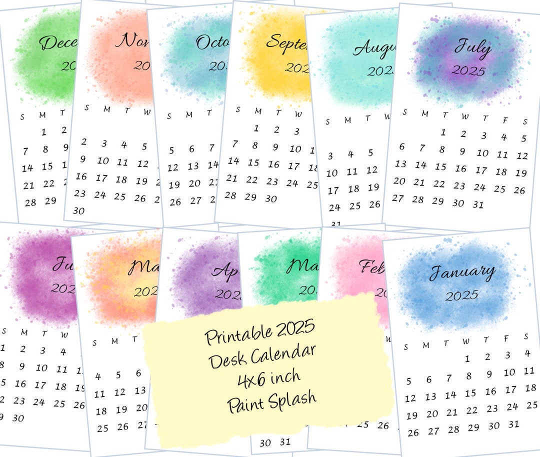 2025 Printable Mini Desk Calendar 4 X 6 Inch Watercolor Paint Splash ...