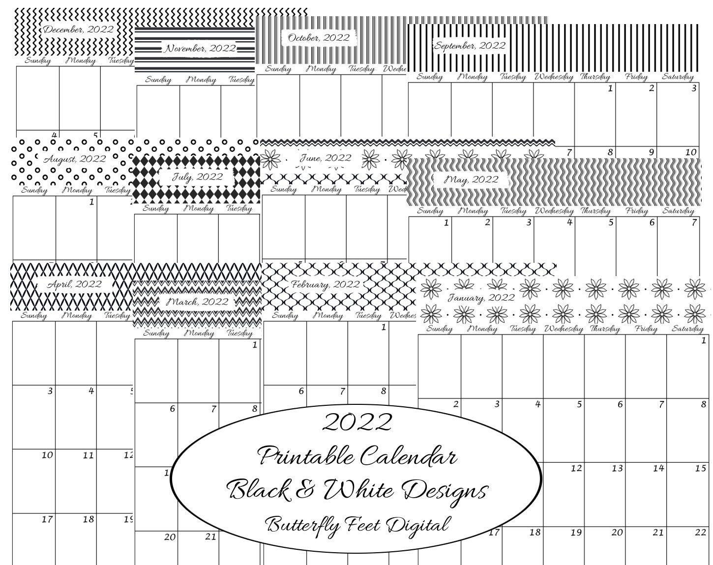 2022 printable calendar monthly black and white designs etsy