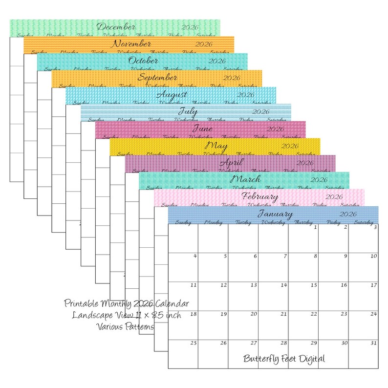 Printable Calendar 2026 Landscape Monthly Calendar Various Designs