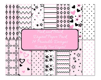 Pink and Black Digital Paper Pack Hearts and Flowers 14 Printable Designs Digital Download