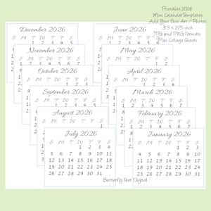 Könnte beinhalten: Druckbare Kalendervorlagen für das Jahr 2026. Jeder Monat ist auf einem separaten Blatt mit einem einfachen Design und weißem Hintergrund. Der Kalender ist 8,4 cm x 7 cm groß und in den Formaten JPG und PNG erhältlich. Der Text "Printable 2026 Mini Calendar Templates. Add Your Own Art/Photos 3.3 x 2.75 inch JPG and PNG formats Plus Collage Sheets" befindet sich oben im Bild.