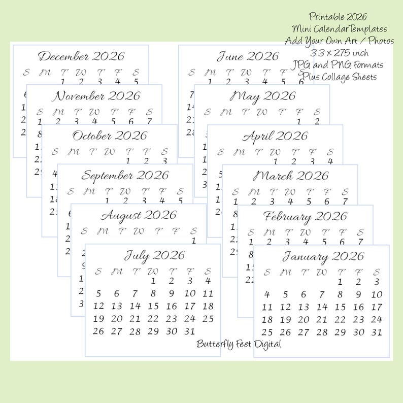 Printable 2026 Calendar Templates Mini Desk or Purse Calendar Add Your ...