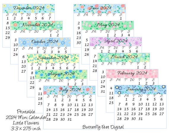 Mini calendrier imprimable 2024 Art floral design 3,3 x 2,75