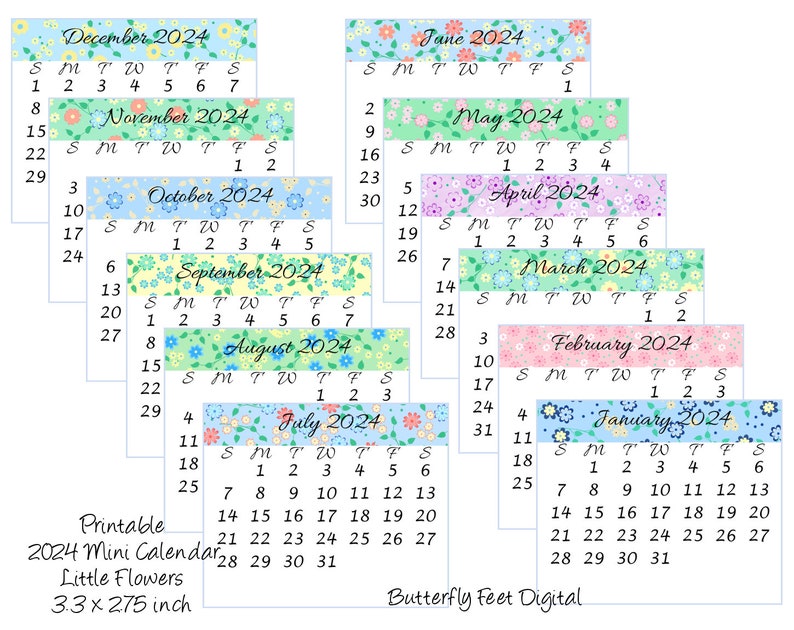 Printable Mini Calendar 2024 Floral Art Design 3.3 X 2.75 Inch Pocket