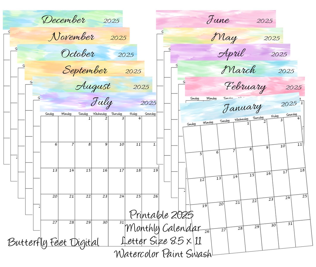 2025 Printable Monthly Calendar Portrait View Letter Size Watercolor