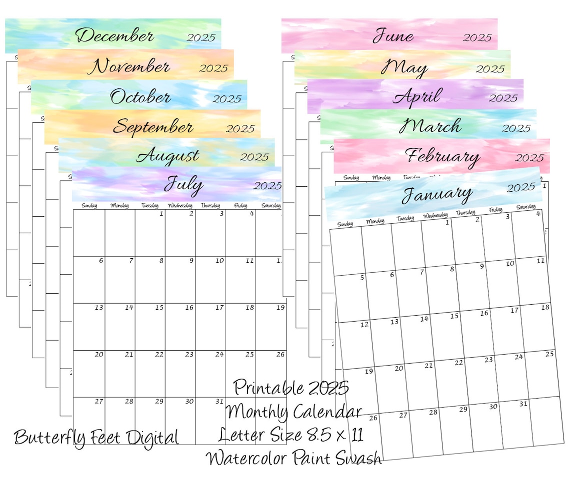 2025 Printable Monthly Calendar Portrait View Letter Size Watercolor ...