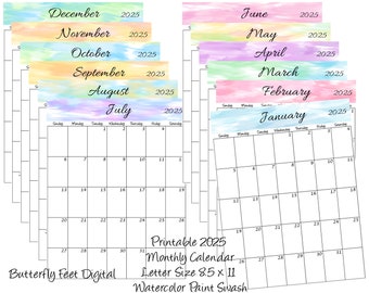 2025 Printable Monthly Calendar Portrait View Letter Size Watercolor Paint Swash Digital Download
