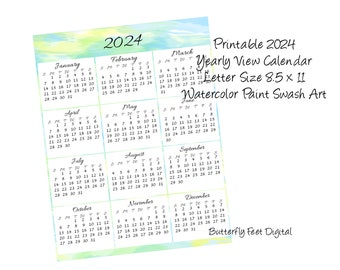 Printable 2024 Calendar Yearly View Watercolor Paint Swash Letter Size Digital Download