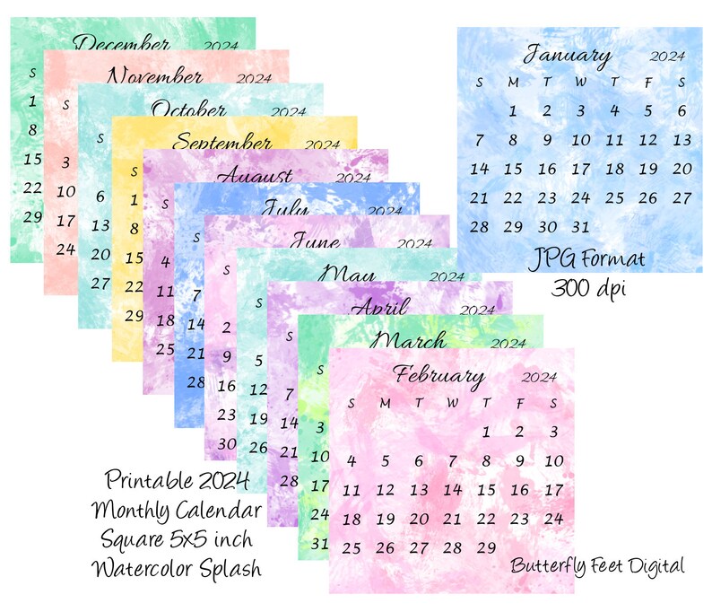 Printable Calendar 2024 Mini Desk Calendar 5x5 Inch Square Watercolor