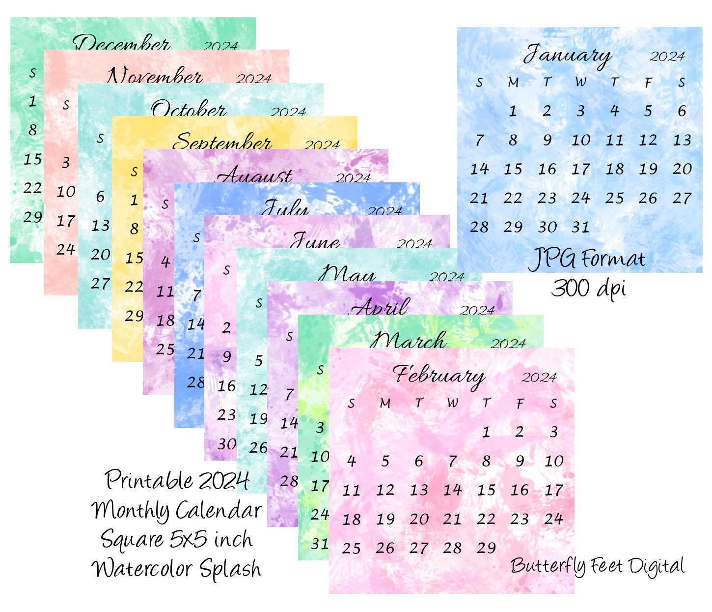 Printable Calendar 2024 5x5 Inch Square Mini Desk Calendar Etsy