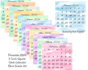 Druckbarer Kalender 2024 Mini Tischkalender 5x5 inch Quadrat Aquarell Farbe Swash Digital Download