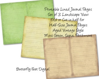 Druckbare linierte Journalseiten im Vintage-Stil, Querformat, Buchstaben, halbgroße Seiten, digitaler Download