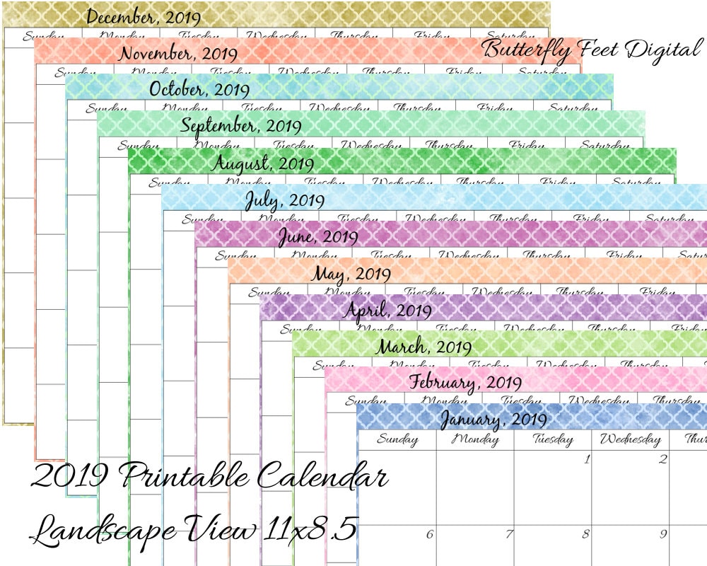 Printable Calendar 2019 Monthly Landscape View Quatrefoil