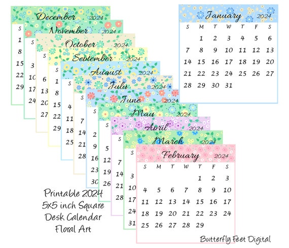 Printable Calendar 2024 5x5 inch Square Mini Desk Calendar Floral Designs  Digital Download