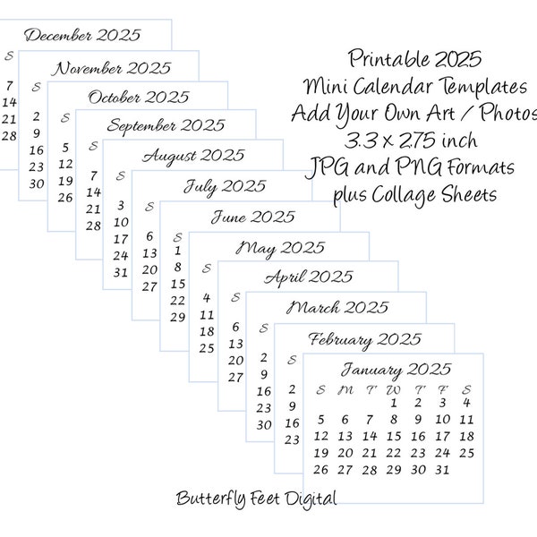 Printable 2025 Calendar Templates Mini Desk or Purse Calendar Add your own Art or Photographs 3.3 x 2.75 inch Digital Download