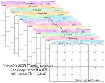 Printable Calendar 2024 Landscape View Watercolor Paint Swash Monthly Calendar Digital Download