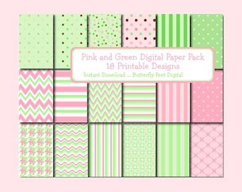 Digital Paper Pack Pink and Green 18 Printable Designs Digital Download