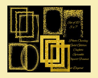 Gold Glitter PNG Clipart Frames Borders Photo Overlay 5x7 Digital Download