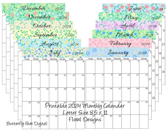 Calendrier à imprimer 2024, mini calendrier de bureau carré, 5 x 5 pouces,  motifs floraux en téléchargement numérique