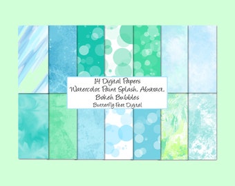 Digitales Papierpaket Blau Grün Aqua 14 druckbare Designs Blasen Aquarell Spritzer Digitaler Download