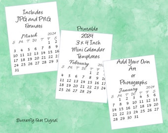 Druckbare 2024 Mini Tischkalender Vorlagen 3 x 4 Zoll Fügen Sie Ihre eigene Kunst oder Fotografien Digitaler Download hinzu