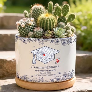May include: A white ceramic planter with a variety of cacti and succulents. The planter has a blue floral design and text that reads "Christine Williams, New York University, Class of 2026". The planter sits on a wooden base.