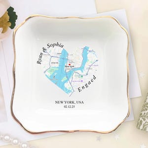 Custom Map Engagement Gift for Couple, Personalized Location Jewelry Tray, Engaged Trinket Dish, Engagement Ring Holder, Wedding Keepsake