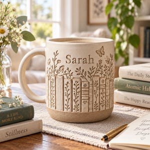 May include: A cream-colored ceramic mug featuring an embossed design of a row of books with floral stems growing from them and a small butterfly. The name Sarah is engraved near the top rim. The mug has a smooth handle and a textured base.