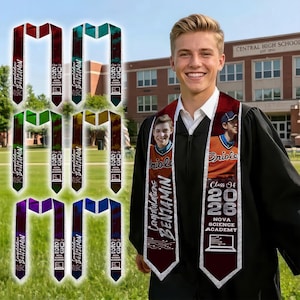 May include: A graduation sash with the text "Congratulations Benjamin" and "Class of 2026" in white. The sash is burgundy with a white border and a photo of a graduate. Other sashes in various colors are also shown.