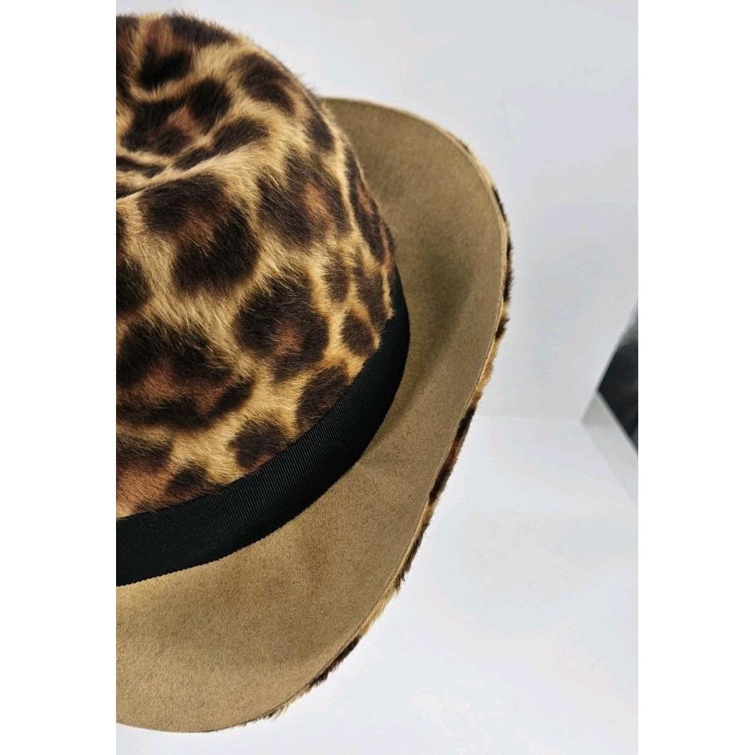 Vtg Original Chesterfield Faux Fur Leopard Print Felt Fedora & Hat‎ Pin WS/M ~7\