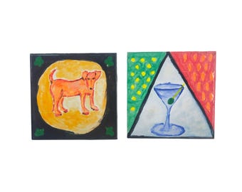 Azulejos de cerámica vintage pintados a mano con diseño de perro y copa de martini, juego de 2, multicolor, 6x6