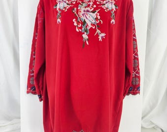 Vtg red tunic embroidered pullover top floral geometric 60s 70s M/L 3/4 sleeve