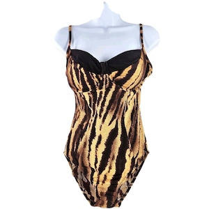 Vtg Cazimi 80s 1 Piece Halter Top Bikini Cut Leopard Animal Print Black Brown M