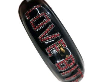 Vtg Betsey johnson Love Bites Red Rhinestone Black Laquer bracelet Bangle Metal