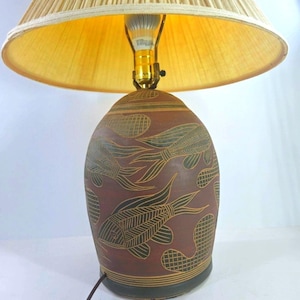 Rare Vintage Signed Kenneth Allen 1998 Pottery Lamp Geometric Fish Artisan Craft