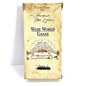 May include: Vintage "Wide World Game" playing pieces box. The box is a light tan color with the title in bold black letters. The box has an illustration of mountains, trees, and a ship. The text "Playing Pieces for Hendrik Van Loon's" is written at the top.