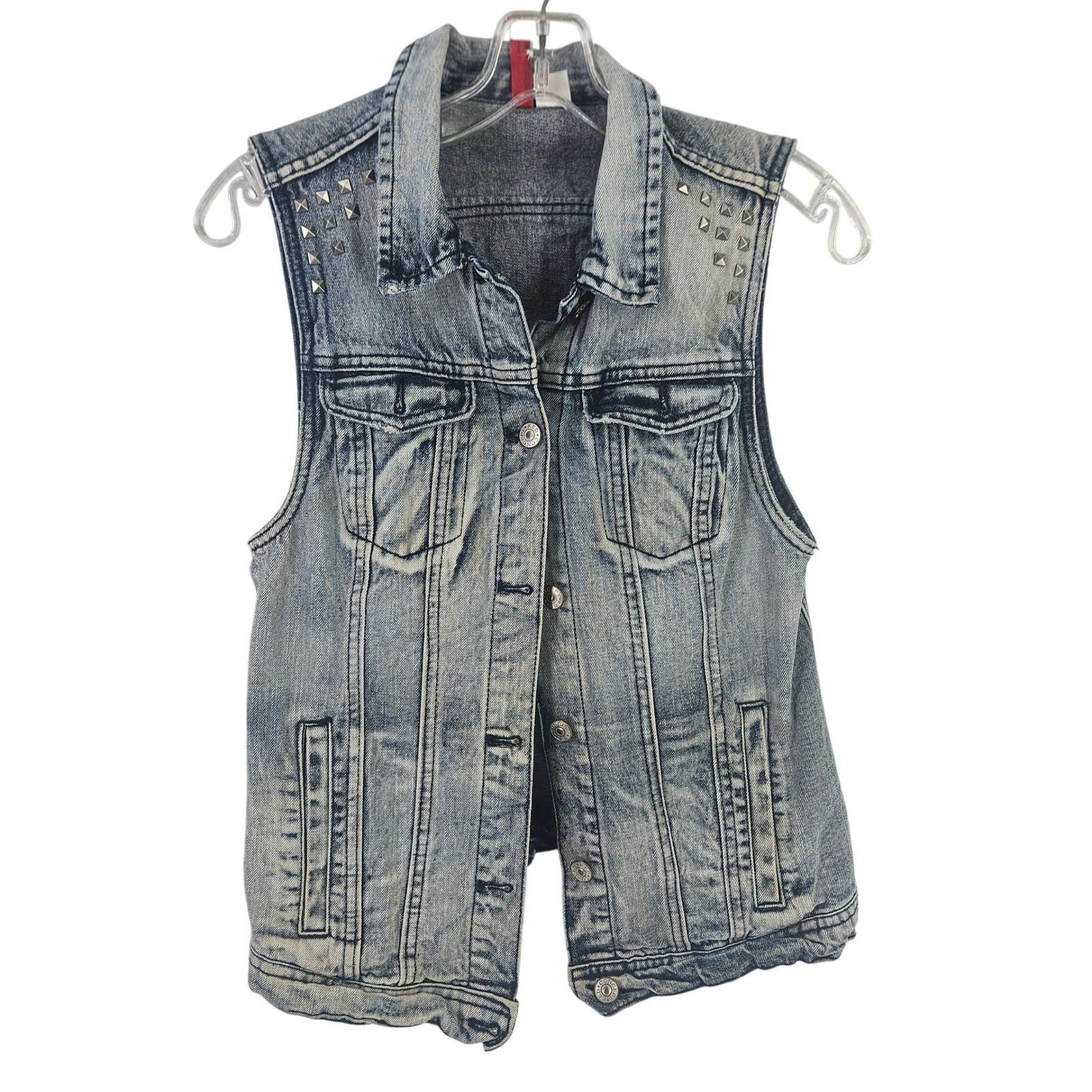 Vintage y2k Distressed Studded Denim Trucker Punk Grunge Jean Jacket Vest Jr Sm