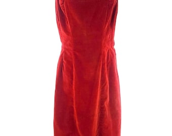 Vintage Red Velvet Dress Small Side Zip Pleated Shoulder Strap Straight Midi
