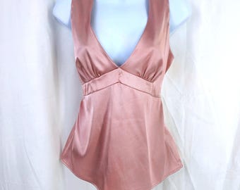 Blusa babydoll de satén con cuello en V y lazo en la espalda, estilo vintage Y2K, color rosa hada, talla L
