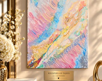 May include: A rectangular canvas painting titled Whispers of Dawn by Faripalette Art Studio, featuring thick, textured impasto brushstrokes in pastel pink, blue, yellow, and white, with gold accents. A plaque below indicates dimensions of 11 x 14 inches.
