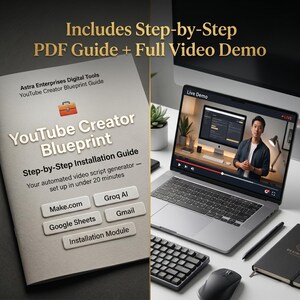 Puede incluir: Una guía de producto digital titulada YouTube Creator Blueprint de Astra Enterprises, que incluye una guía de instalación paso a paso, una guía en PDF y una demostración en video. La guía enumera herramientas como Make.com, Groq AI, Google Sheets y Gmail.