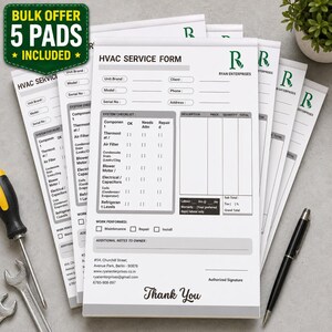 May include: A stack of HVAC service forms with the text "HVAC SERVICE FORM" and "RYAN ENTERPRISES". The forms have sections for system checklists and additional notes. A wrench, screwdriver, and pen are also visible.
