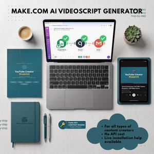 May include: A laptop displaying a Make.com workflow, a tablet showing a YouTube Creator Blueprint video, a teal notebook, a teal book, two pens, a coffee cup, a succulent, and a sticker labeled Turn-Key Content Engine Ready to Deploy.