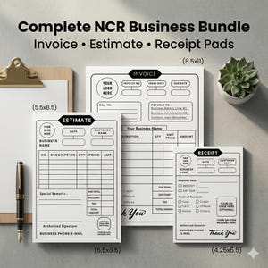 Puede incluir: Paquete comercial completo de NCR con blocs de facturas, presupuestos y recibos. Los blocs son blancos con texto negro e incluyen espacios para información comercial. La factura es de 21,6x27,9 cm, el presupuesto es de 14x21,6 cm y el recibo es de 10,8x14 cm.