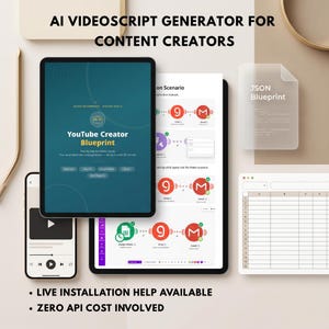 May include: A digital tool set for content creators featuring a tablet displaying a YouTube Creator Blueprint, a smartphone with a video player interface, a spreadsheet template, and a translucent JSON Blueprint card. Text includes AI VIDEOSCRIPT GENERATOR FOR CONTENT CREATORS, LIVE INSTALLATION HELP AVAILABLE, and ZERO API COST INVOLVED.