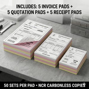 Puede incluir: Pilas de formularios de reparación de automóviles, incluyendo blocs de facturas, presupuestos y recibos. Cada bloc tiene una hoja superior blanca con texto negro y está intercalado con hojas rosas y amarillas. El texto incluye "Auto Repair Receipt" y "Thank You". La imagen también incluye el texto: "INCLUDES: 5 INVOICE PADS + 5 QUOTATION PADS + 5 RECEIPT PADS" y "50 SETS PER PAD • NCR CARBONLESS COPIES".