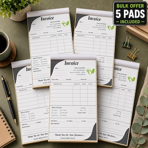 May include: A bulk offer of five invoice pads. Each pad features a white background with a gray border and the word "Invoice" at the top. The pads include sections for descriptions, quantities, and totals. The Dream Leaf Studios logo is also visible.
