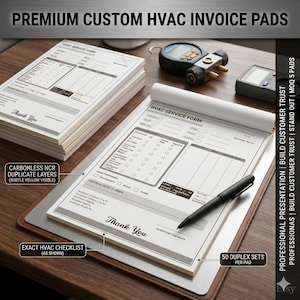 Puede incluir: Bloques de facturas HVAC personalizados de primera calidad con capas duplicadas NCR sin carbono. Los bloques incluyen una lista de verificación HVAC exacta y están diseñados para una presentación profesional.